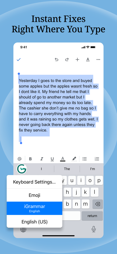 Tela do iPhone exibindo correções de gramática em tempo real com o teclado iGrammar integrado.