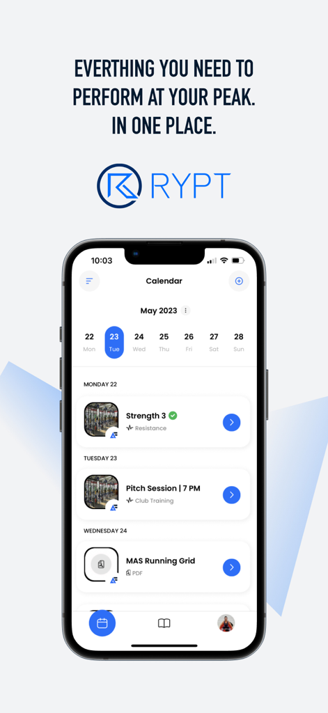 RYPT - RYPT app interface showing a weekly training calendar with scheduled strength and field sessions for performance athletes