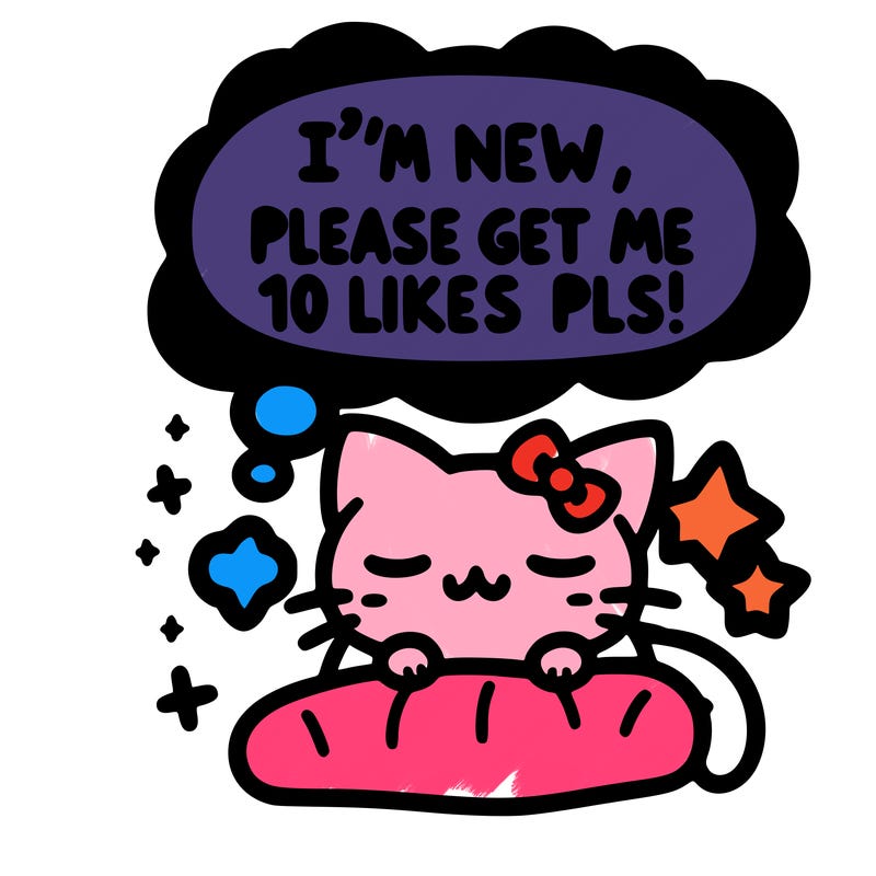kitty taking a nap dream talking and saying "i'm new, please get me at least 10 likes pls!!"