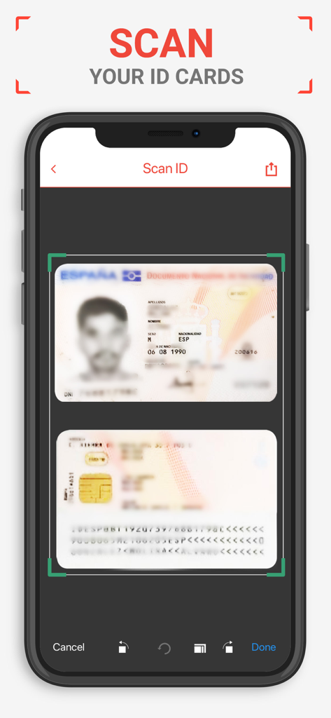 PDF Scanner AI Note text files - Interface of the PDF Scanner app showing a digital scan of an identification card on a smartphone screen.