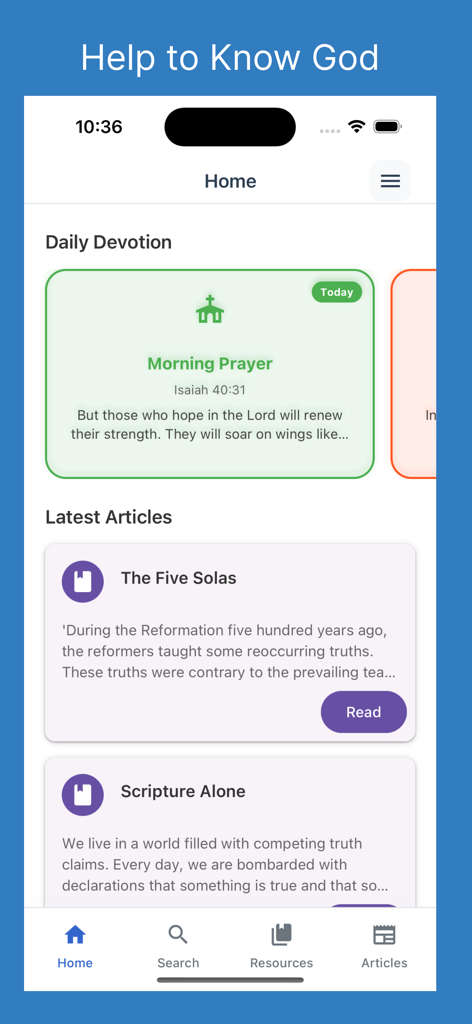 Knowing God - Home screen of the Knowing God app featuring daily devotions and Reformed theology articles