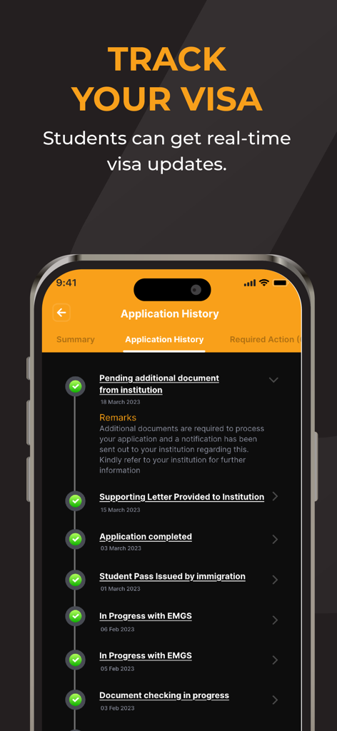 EMGS Hub - EMGS Hub Anwendungs-Historienbildschirm zur Verfolgung von Studentenvisum-Updates