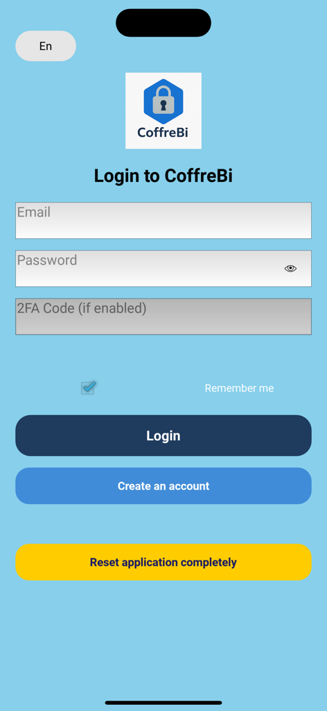 CoffreBiセキュア保管庫のログイン画面。メール、パスワード、2要素認証の入力フィールドが表示されています。