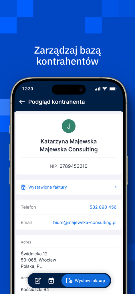 Interface de l'application mobile IFIRMA montrant le profil d'un contractant avec ses coordonnées et son NIP