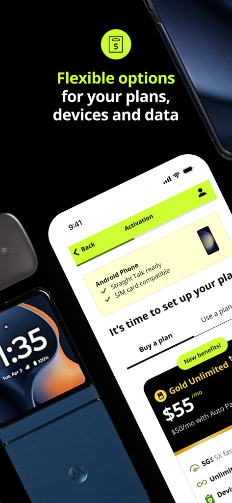My Straight Talk: Mobile App - My Straight Talk app screen showing mobile plan activation and flexible pricing options.