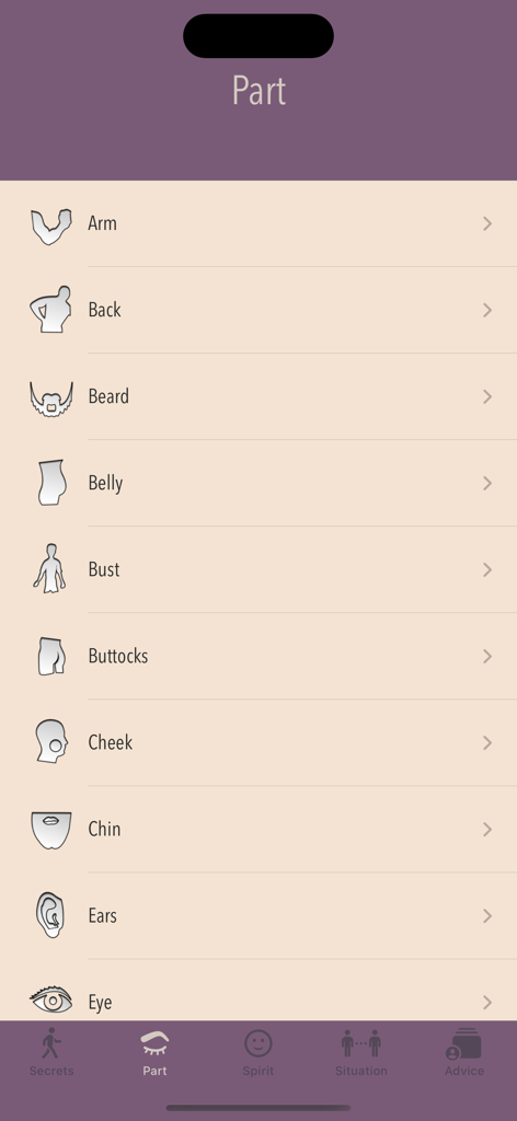 Body Secrets - Eine Liste von Körperteilen, einschließlich Arm und Auge, in der Body Secrets App zur Analyse von Körpersprache-Gesten.