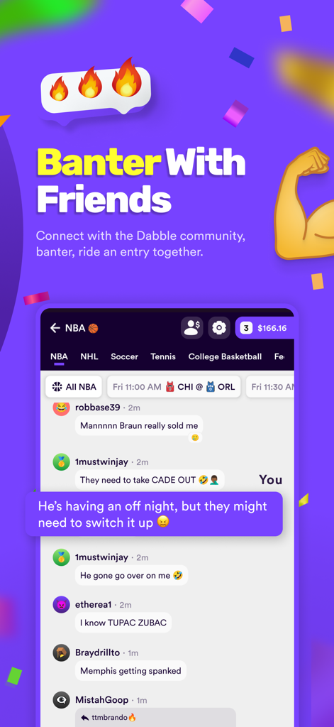 Dabble - Real Money Pick 'Em - Dabble app social banter chat interface for community interaction