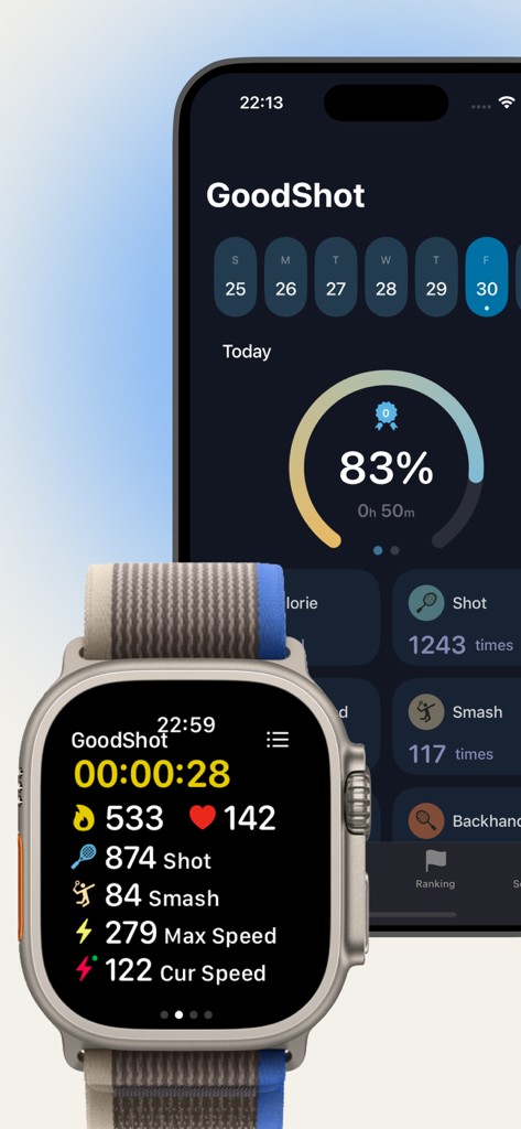 GoodShot - Badminton tracker - GoodShot badminton tracker app interface on Apple Watch and iPhone displaying shots smashes and performance metrics
