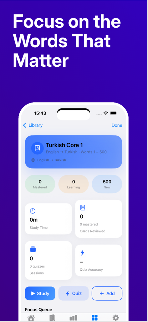 3000 Words Learn English Daily - A dashboard from the 3000 Words app displaying study statistics and progress for an English vocabulary deck.