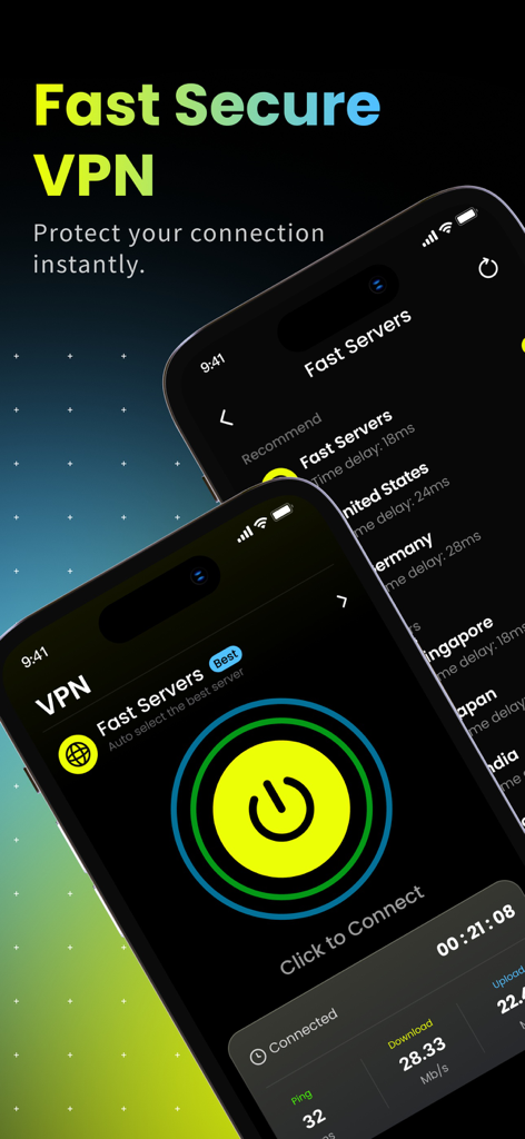 VPN - Fast VPN Lite master - Fast VPN Lite master app interface showing global server selection and network speed metrics