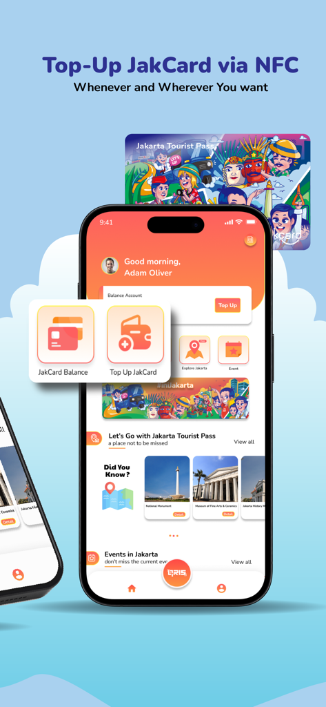 Jakarta Tourist Pass-JakOnePay - Jakarta Tourist Pass app screen showing JakCard top up via NFC