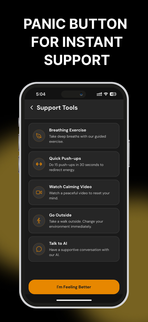Fortify: Quit Porn Addiction - Una pantalla móvil que muestra varias herramientas de apoyo como ejercicios de respiración, flexiones y soporte IA bajo el encabezado Botón de Pánico para Soporte Instantáneo.