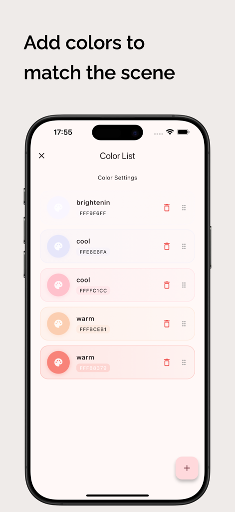 Lumee - Glow up light - Pantalla de la aplicación Lumee mostrando una lista de colores de iluminación personalizados guardados para diferentes escenas fotográficas.