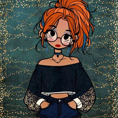 girl with a messy ponytail glasses a baggy crop top and jean shorts