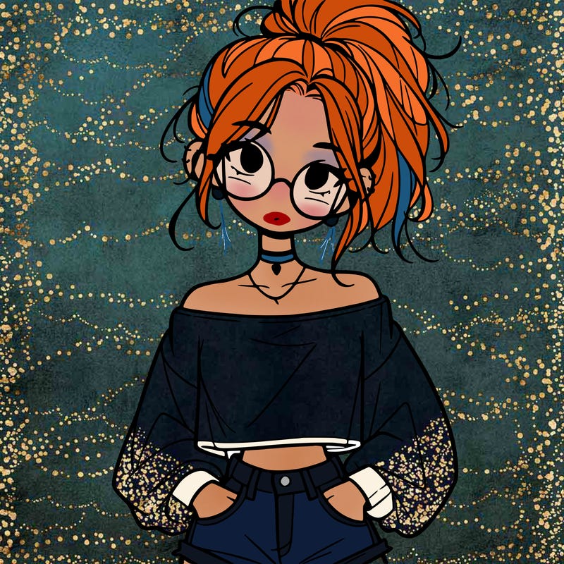 girl with a messy ponytail glasses a baggy crop top and jean shorts