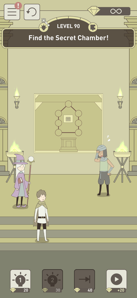 IQ Dungeon 2: Inherited Light - Level 90 of IQ Dungeon 2 showing characters in a dungeon with a prompt to find the secret chamber.