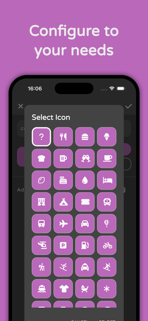 Trexpense - Travel Budget - Una schermata nell'app Trexpense che mostra una varietà di icone viola per personalizzare le categorie di spesa di viaggio come cibo, trasporti e alloggio.