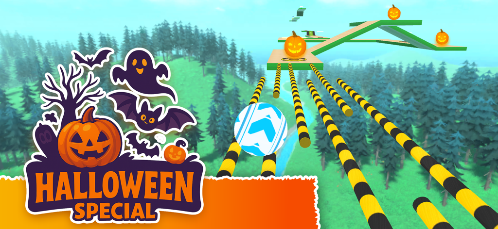 Una bola con patrón azul rodando en una pista a través de un bosque durante un evento especial de Halloween con calabazas y fantasmas