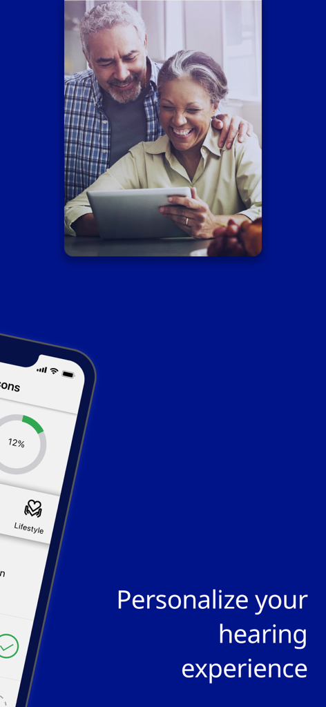 AudioService App - Happy senior couple using a tablet and a smartphone to personalize their hearing experience with the AudioService app