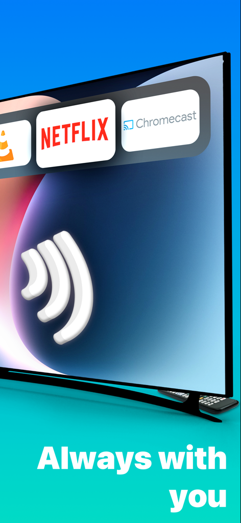 Universal TV Remote · Mando - Pantalla de Smart TV mostrando aplicaciones de streaming como Netflix y Chromecast con el texto Siempre contigo