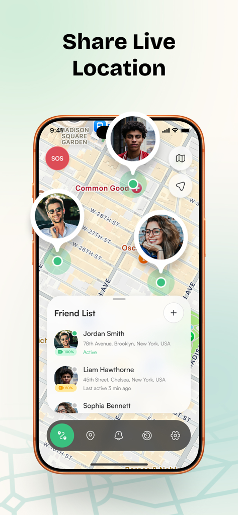 Friend Tracker: Share Location - Mobile app interface of Friend Tracker showing a live map with friend locations and contact list