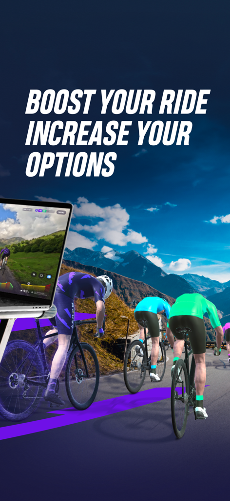 Cyclists racing on a mountain road in a virtual environment with the text Boost Your Ride Increase Your Options