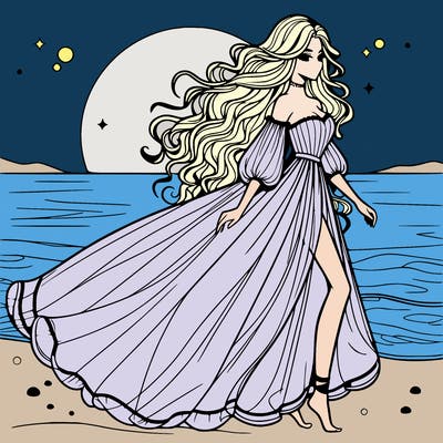 beautiful woman with a vaporous long dress walking on the beach at the noon, detailed art