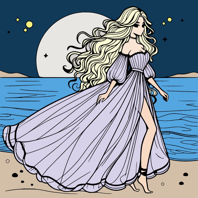 beautiful woman with a vaporous long dress walking on the beach at the noon, detailed art