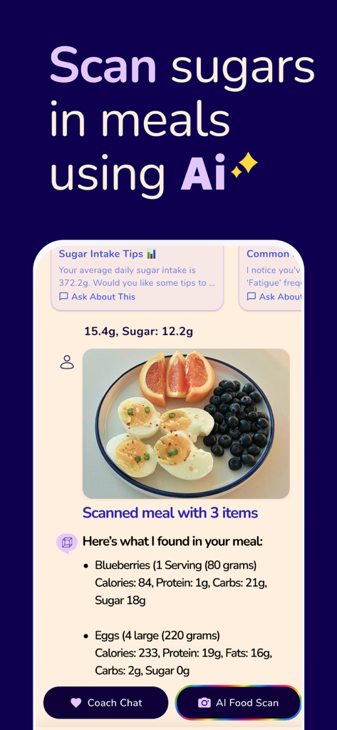 Sugarfree Quit Sugar Addiction - Sugarfree app interface showing a meal photo with AI-generated nutritional breakdown of blueberries and eggs