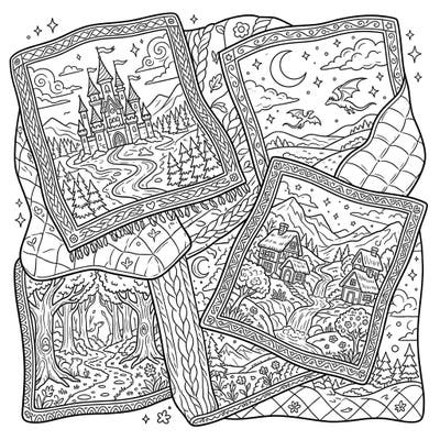 Unfold a world of wonder with this unique coloring page featuring intricately designed fantasy landscape blankets. Each blanket offers a new magical scene, from grand castles to mystical dragon skies, promising endless creative exploration.