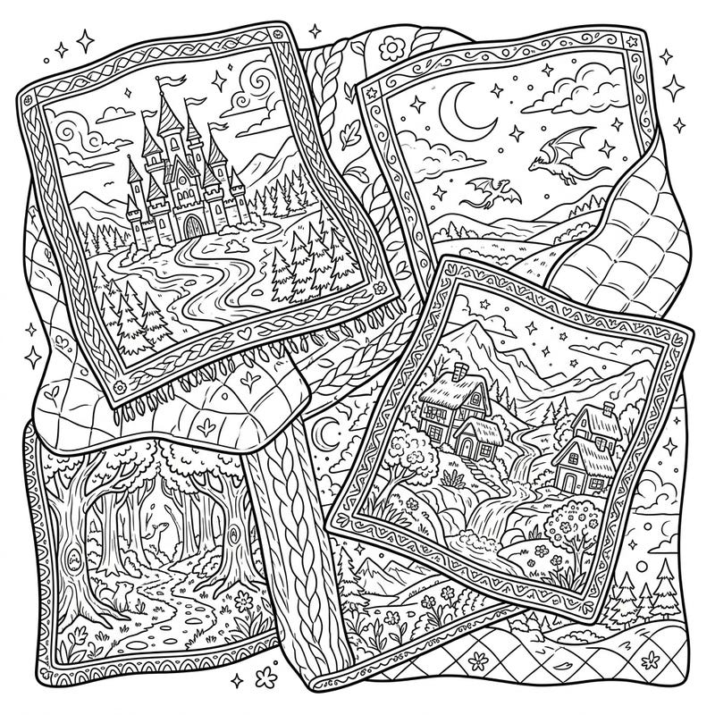 Unfold a world of wonder with this unique coloring page featuring intricately designed fantasy landscape blankets. Each blanket offers a new magical scene, from grand castles to mystical dragon skies, promising endless creative exploration.