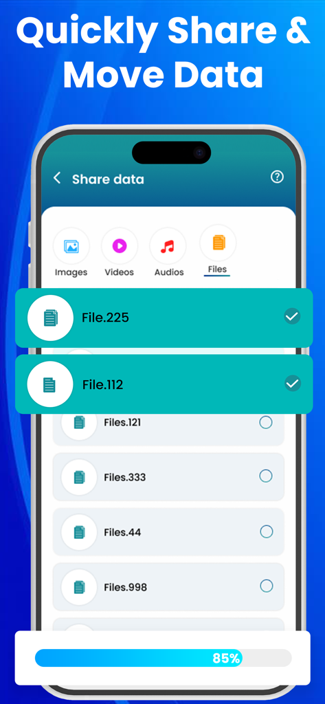Smart Switch app interface showing file selection for data transfer with an eighty five percent progress bar.