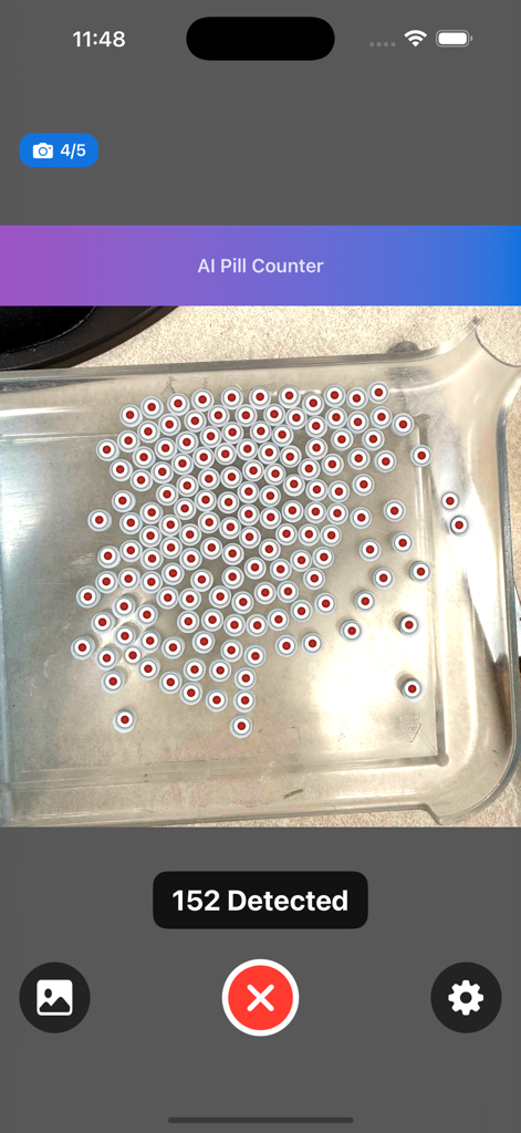 AI Pill Counter app interface showing 152 pills detected with red dots for visual verification