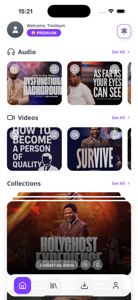 Femi Lazarus Digital Library - Écran d'accueil de l'application Bibliothèque Numérique Femi Lazarus affichant des enseignements spirituels audio et vidéo.