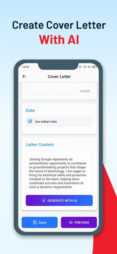 Boost CV & AI Resume Builder - Mobile app interface for creating a professional cover letter using AI technology