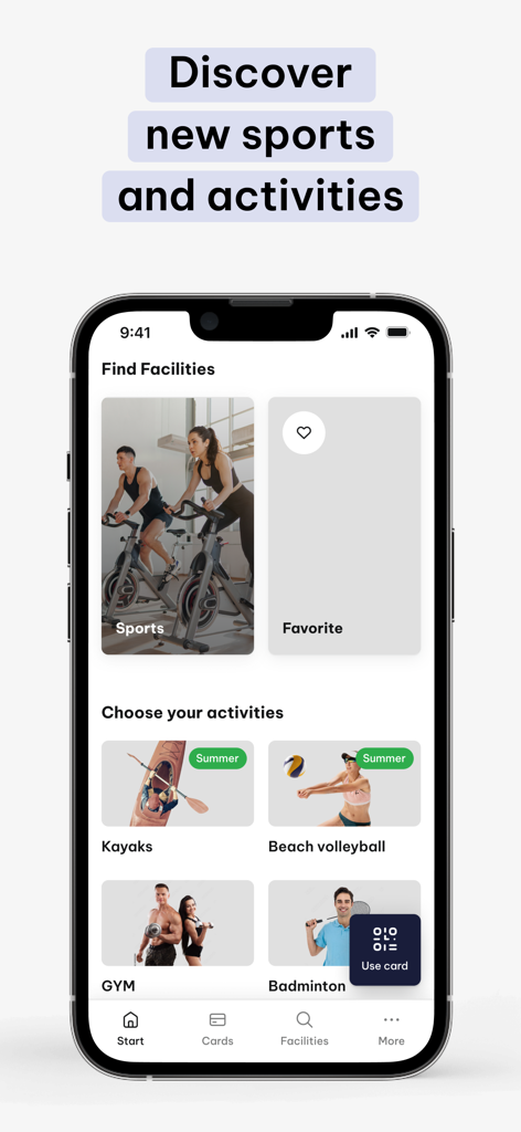 VanityStyle Next - VanityStyle Next app screen showing sports activities and facility search options.
