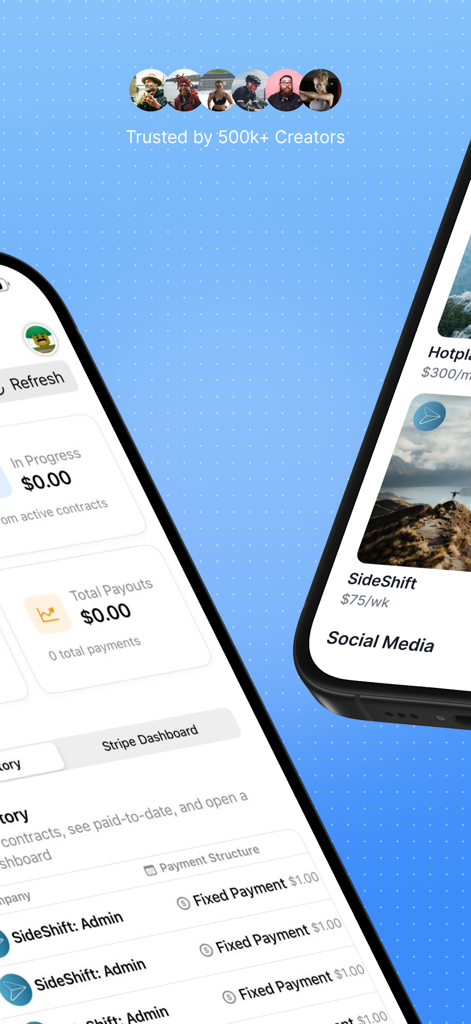 SideShift - Earn Money - SideShift app interface displaying UGC creator jobs and earning payouts dashboard