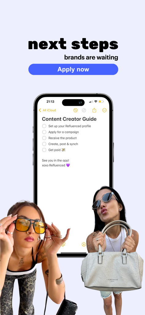 Refluenced - Eine Checkliste für Content Creators in der Refluenced App, die Schritte zur Bewerbung für Kampagnen und zur Bezahlung zeigt.