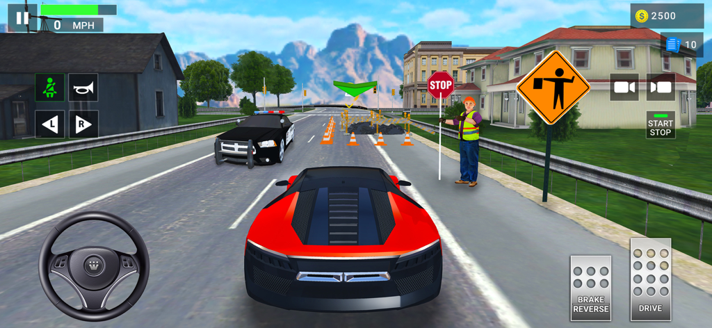 Driving Academy 2: 3D Car Game - Un coche deportivo rojo se acerca a una zona de obras con señales de tráfico y un trabajador en un simulador de conducción 3D.