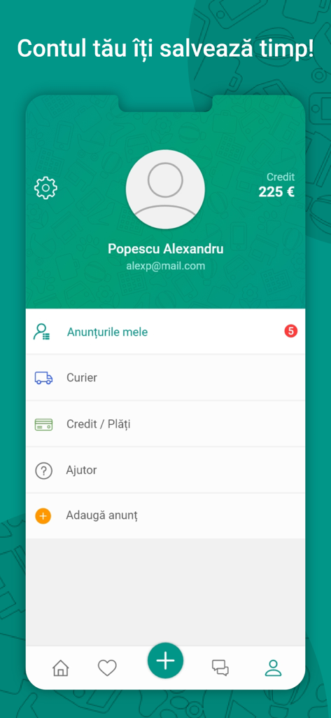 Lajumate.ro - Anunturi Romania - Page de profil de compte utilisateur de l'application Lajumate.ro affichant le solde du compte et les options de menu en roumain