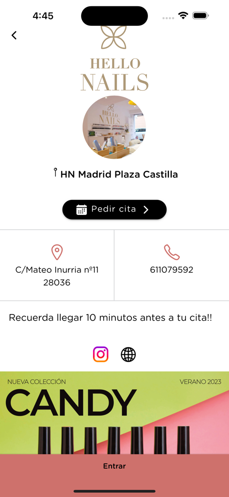 Hello Nails - Hello Nails App zeigt Kontaktinformationen des Salons und Schaltfläche zur Terminbuchung an