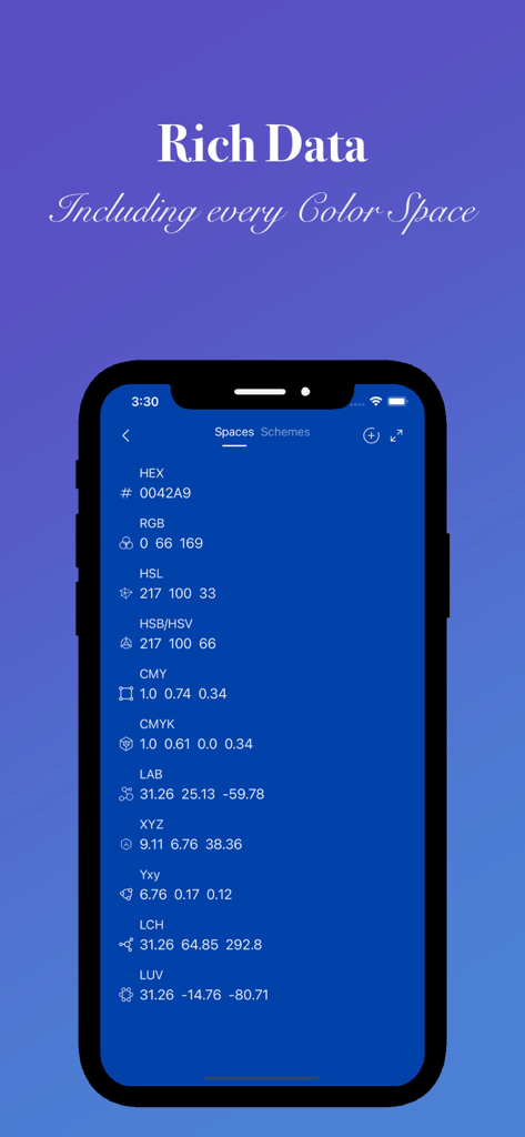 Color Picker: Design & Detect - Color Picker 앱 인터페이스에서 HEX, RGB, HSL 및 CMYK 값을 포함한 풍부한 색상 데이터가 표시되는 스마트폰 화면.
