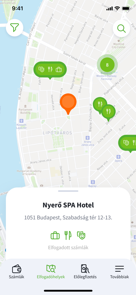 OTP SZÉP kártya - Map view of the OTP SZEP kartya app showing accepting locations and a spa hotel in Budapest