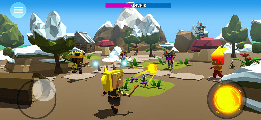 Gameplay of Magica.io with characters fighting in a low poly fantasy arena using magic spells
