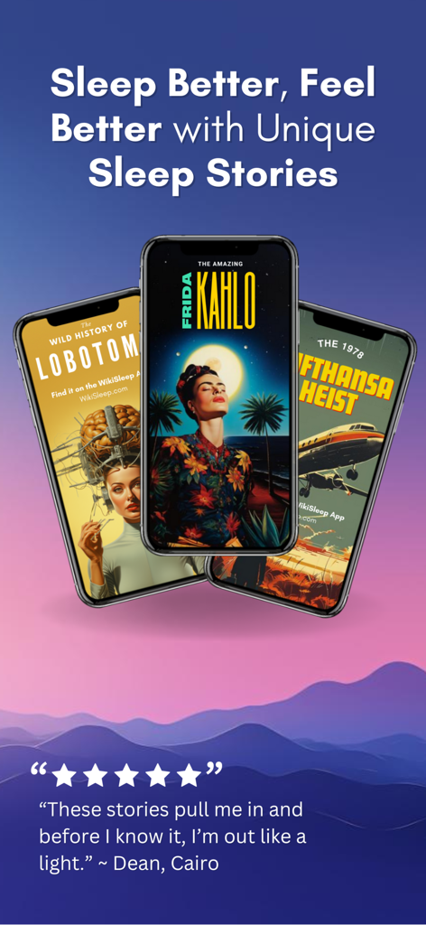 WikiSleep: Bedtime Stories - WikiSleep app interface displaying unique sleep stories about history and biographies with a five star user review.