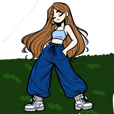 girl in baggy pants crop top and long hair
