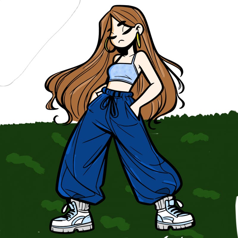 girl in baggy pants crop top and long hair