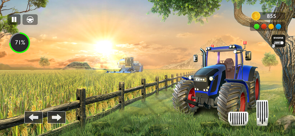 Farm Simulator Tractor Games - Un tractor azul en un campo de trigo dorado durante el atardecer en un juego de simulador de agricultura.