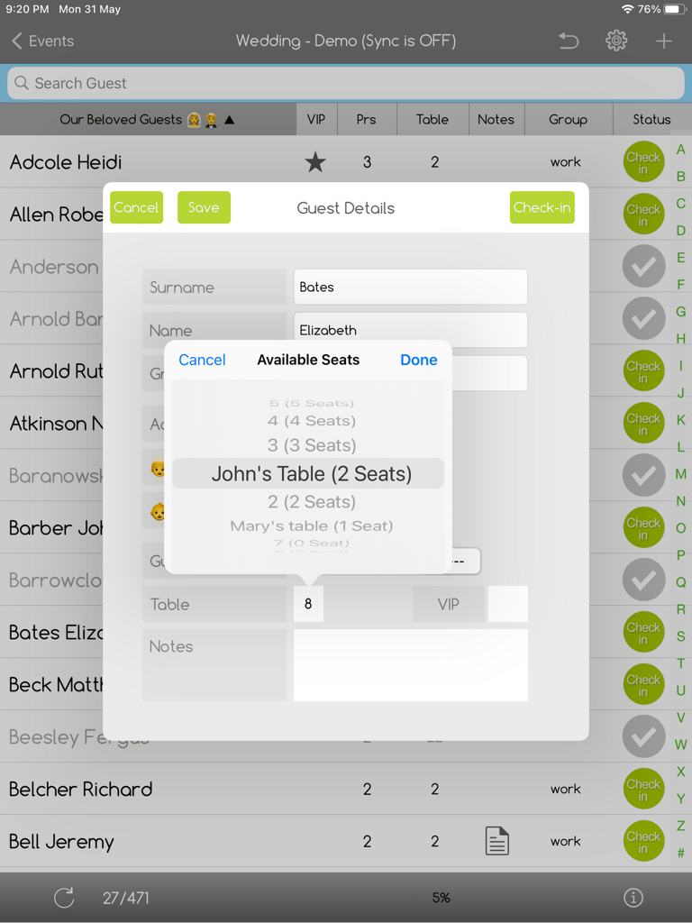 iPad app screen showing a guest detail form with an available seats picker for table assignment