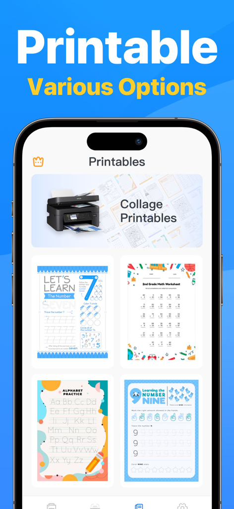 Smart Printer app interface showing a gallery of printable educational worksheets including math, alphabet, and number practice sheets.